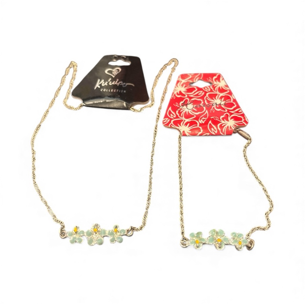 Ku’uipo Collection 18in Necklace & Hawaii Bracelet Silver Tone Blue Flowers NWT